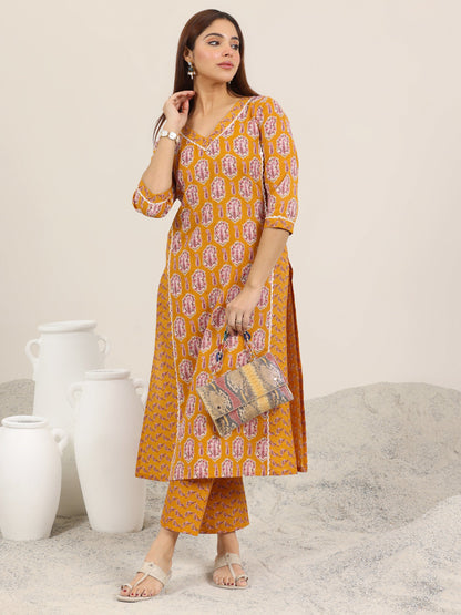 Libas Mustard Printed Pure Cotton Straight Kurta Set