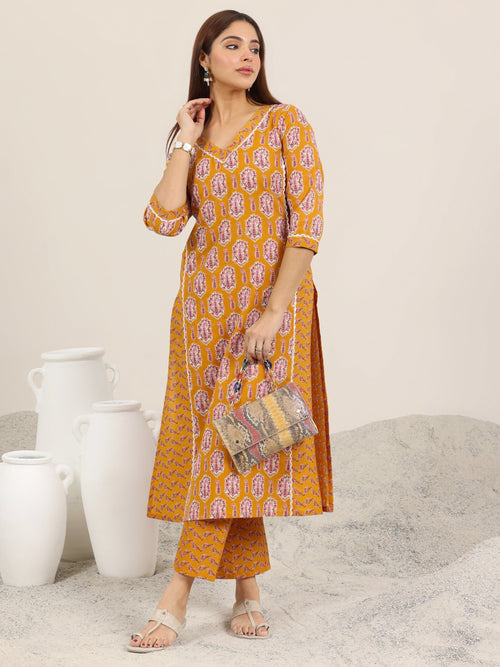 Libas Mustard Printed Pure Cotton Straight Kurta Set