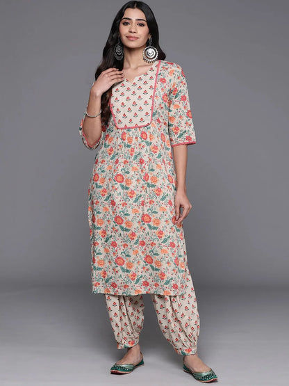 Libas Beige Printed Cotton Straight Kurta Set