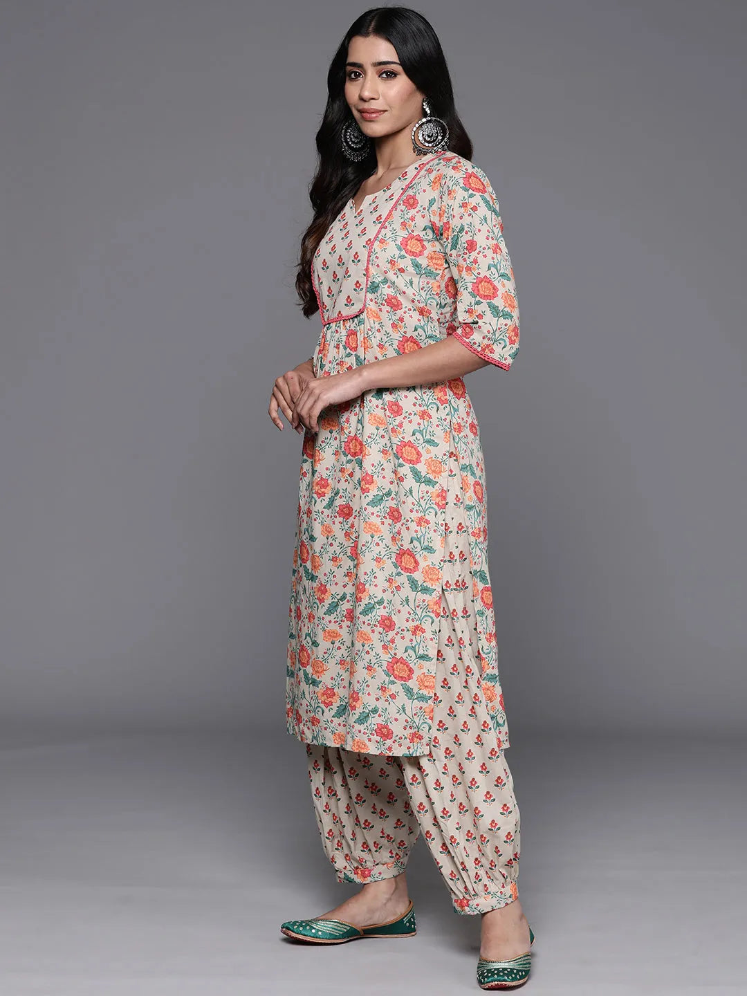 Libas Beige Printed Cotton Straight Kurta Set