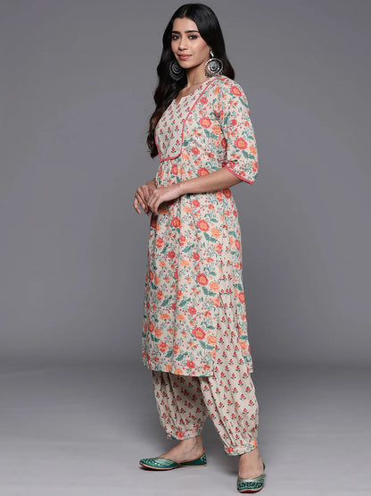 Libas Beige Printed Cotton Straight Kurta Set