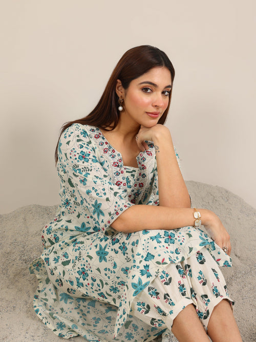 Libas Off White Printed Cotton Straight Kurta Set