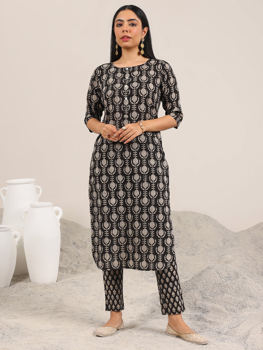Libas Black Printed Cotton Straight Kurta Set