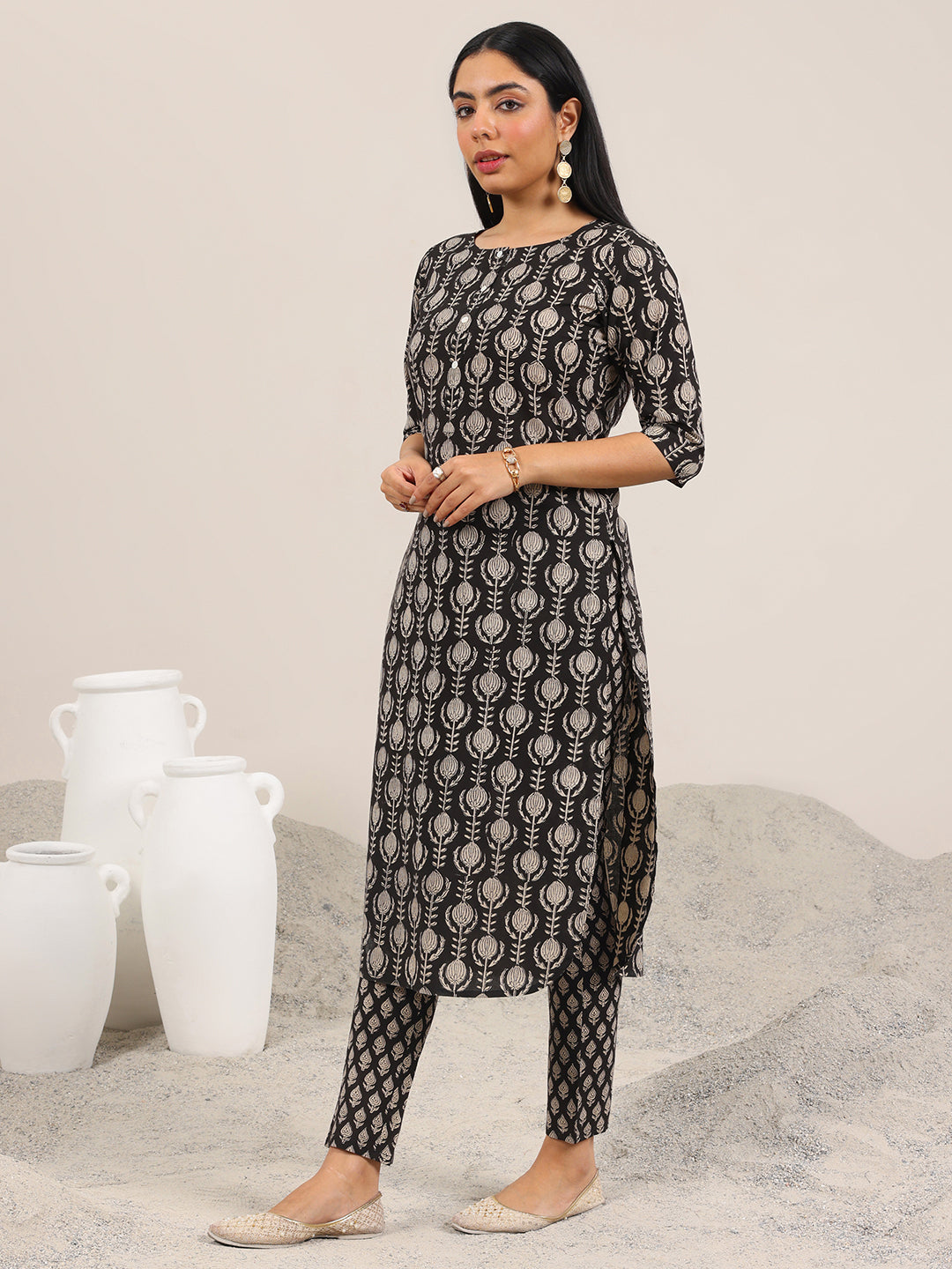 Libas Black Printed Cotton Straight Kurta Set