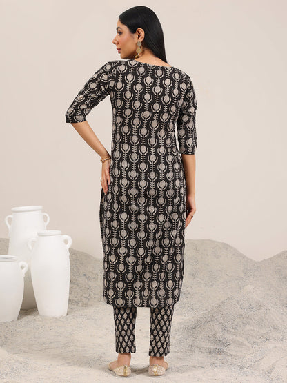 Libas Black Printed Cotton Straight Kurta Set