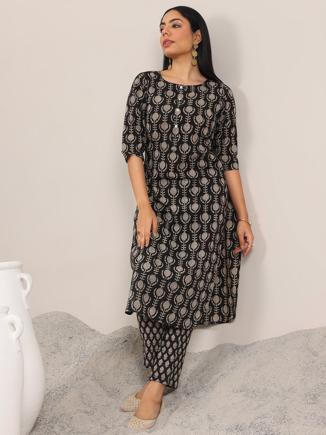 Libas Black Printed Cotton Straight Kurta Set