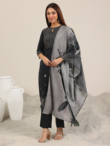 Libas Black Printed Silk Blend Straight Suit Set WIth Dupatta
