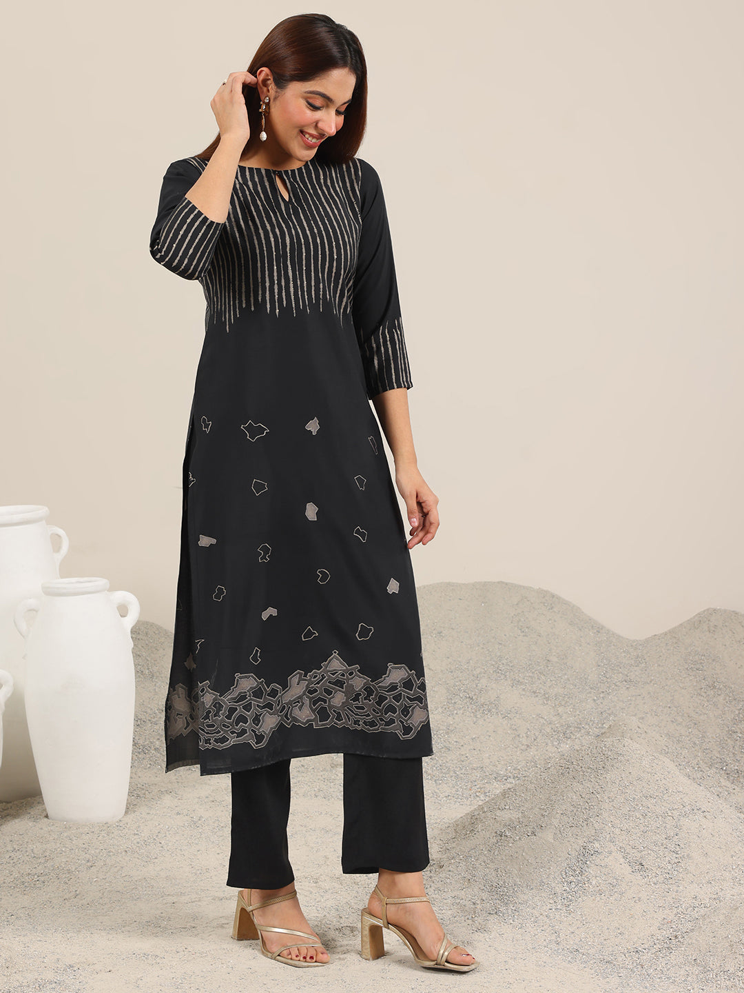 Libas Black Printed Silk Blend Straight Suit Set WIth Dupatta