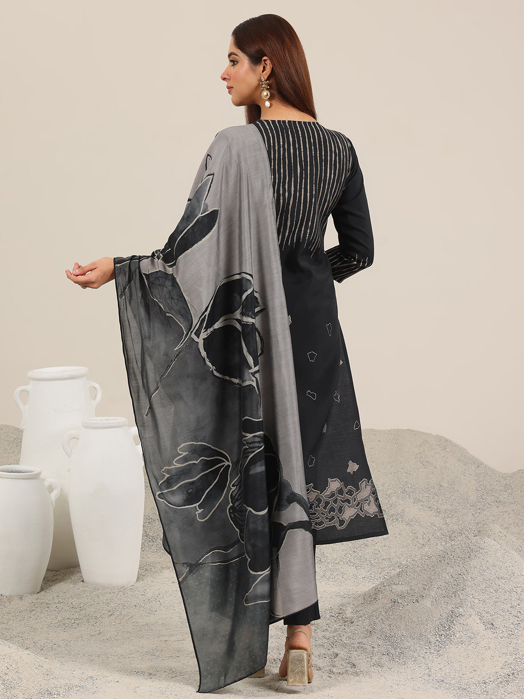 Libas Black Printed Silk Blend Straight Suit Set WIth Dupatta