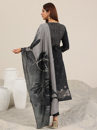 Libas Black Printed Silk Blend Straight Suit Set WIth Dupatta