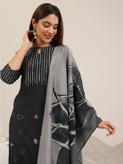 Libas Black Printed Silk Blend Straight Suit Set WIth Dupatta