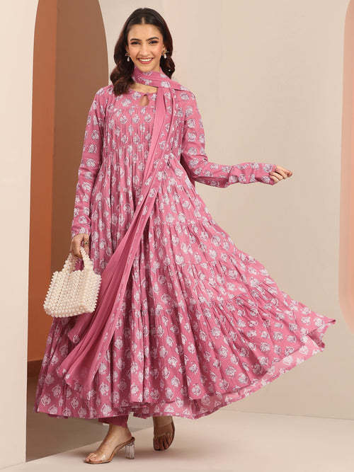 Libas Mauve Printed Cotton Anarkali Suit Set With Dupatta