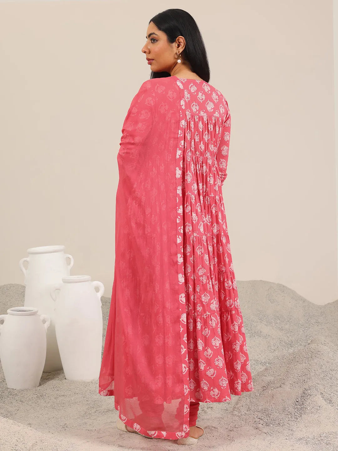 Libas Peach Printed Cotton Anarkali Suit Set With Dupatta
