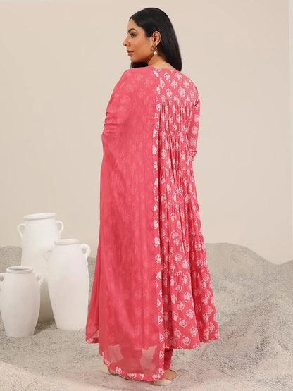 Libas Peach Printed Cotton Anarkali Suit Set With Dupatta
