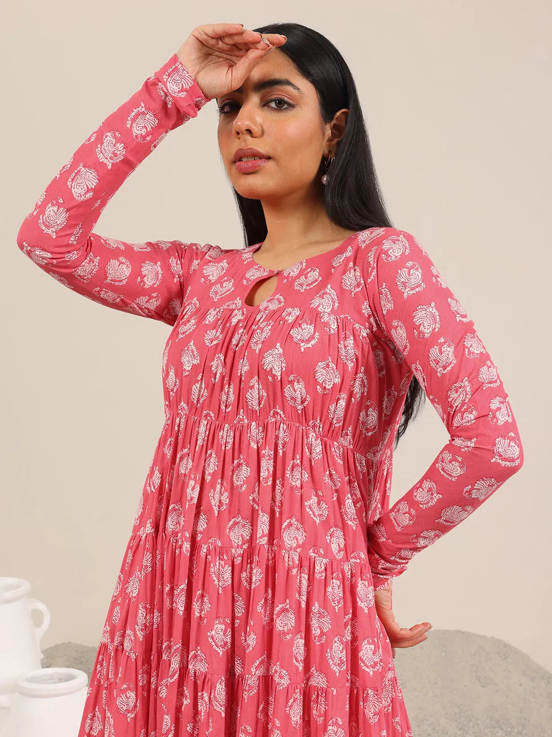 Libas Peach Printed Cotton Anarkali Suit Set With Dupatta
