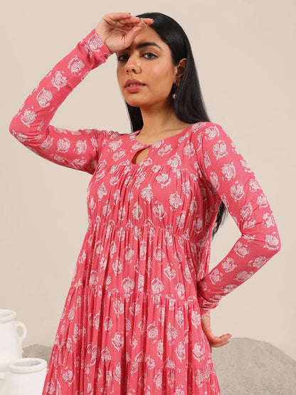 Libas Peach Printed Cotton Anarkali Suit Set With Dupatta