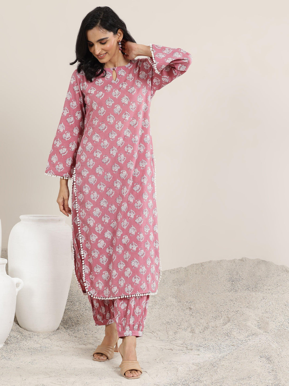 Libas Peach Printed Cotton Straight Kurta Set