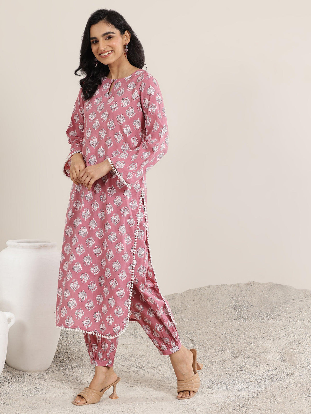 Libas Peach Printed Cotton Straight Kurta Set