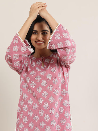 Libas Peach Printed Cotton Straight Kurta Set