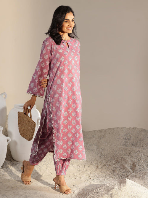 Libas Peach Printed Cotton Straight Kurta Set