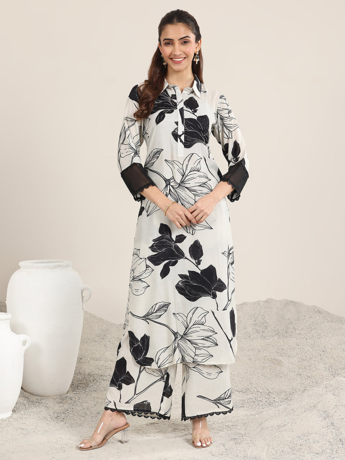 Libas Off White Printed Rayon Straight Kurta Set
