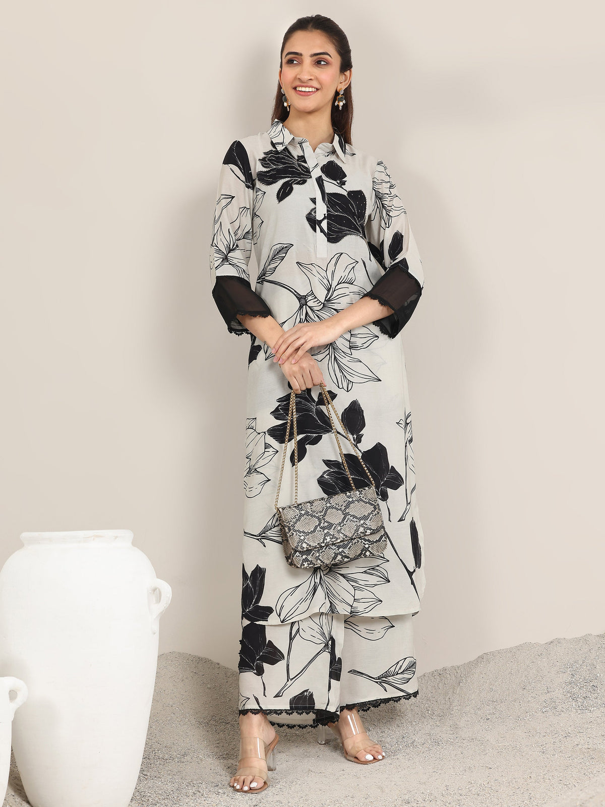 Libas Off White Printed Rayon Straight Kurta Set
