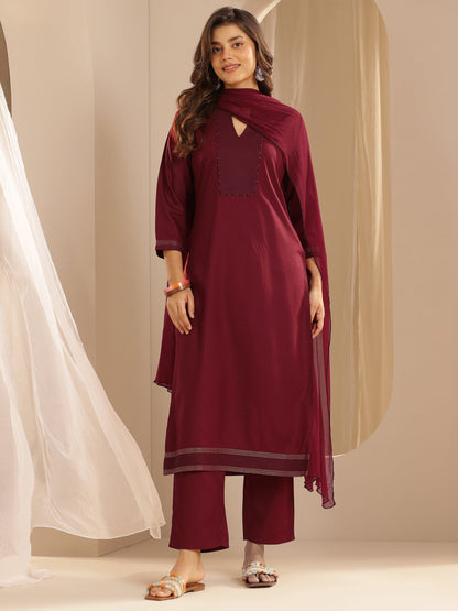 Libas Maroon Yoke Design Viscose Rayon Straight Suit Set With Dupatta