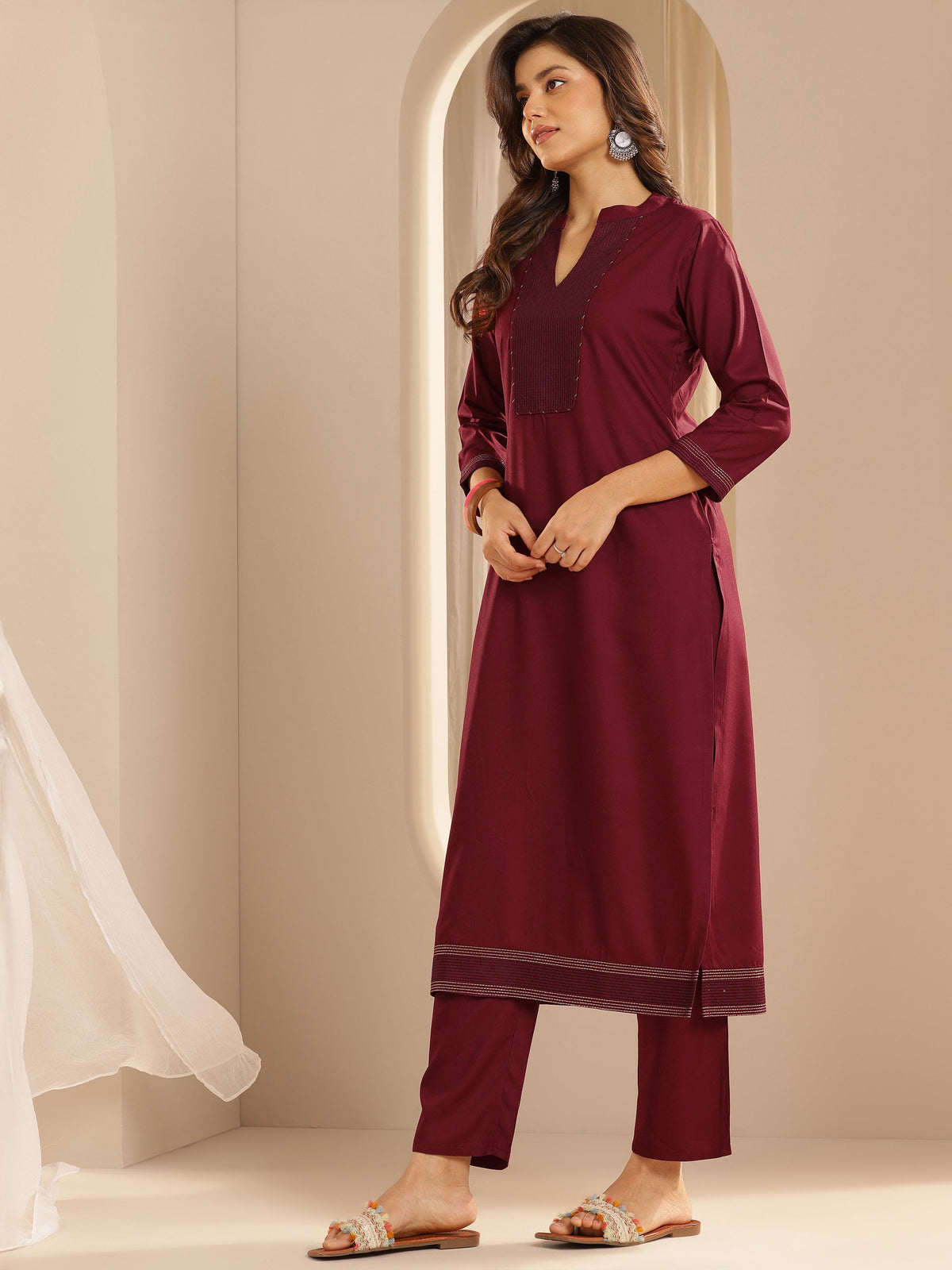 Libas Maroon Yoke Design Viscose Rayon Straight Suit Set With Dupatta