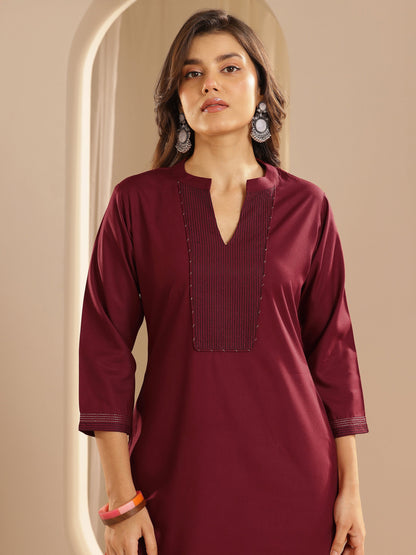 Libas Maroon Yoke Design Viscose Rayon Straight Suit Set With Dupatta
