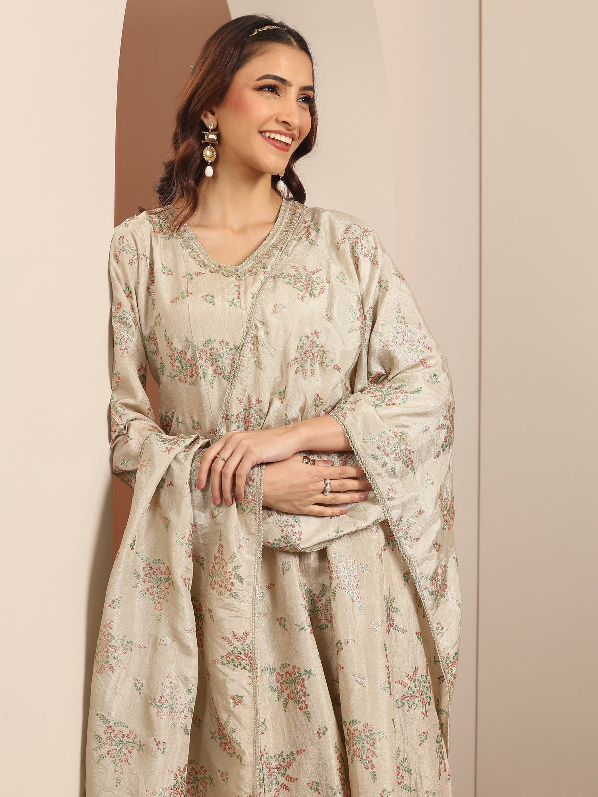 Libas Grey Woven Design Silk Blend Straight Suit Set With Dupatta
