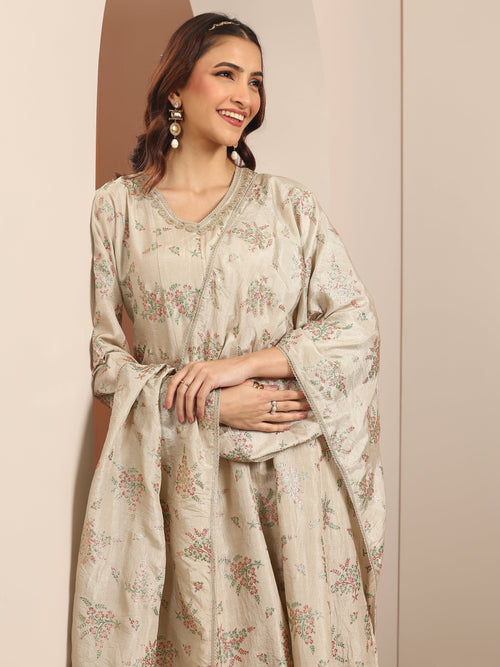 Libas Grey Woven Design Silk Blend Straight Suit Set With Dupatta
