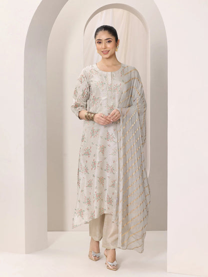 Libas Grey Woven Design Silk Blend Straight Suit Set With Dupatta