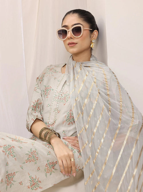 Libas Grey Woven Design Silk Blend Straight Suit Set With Dupatta
