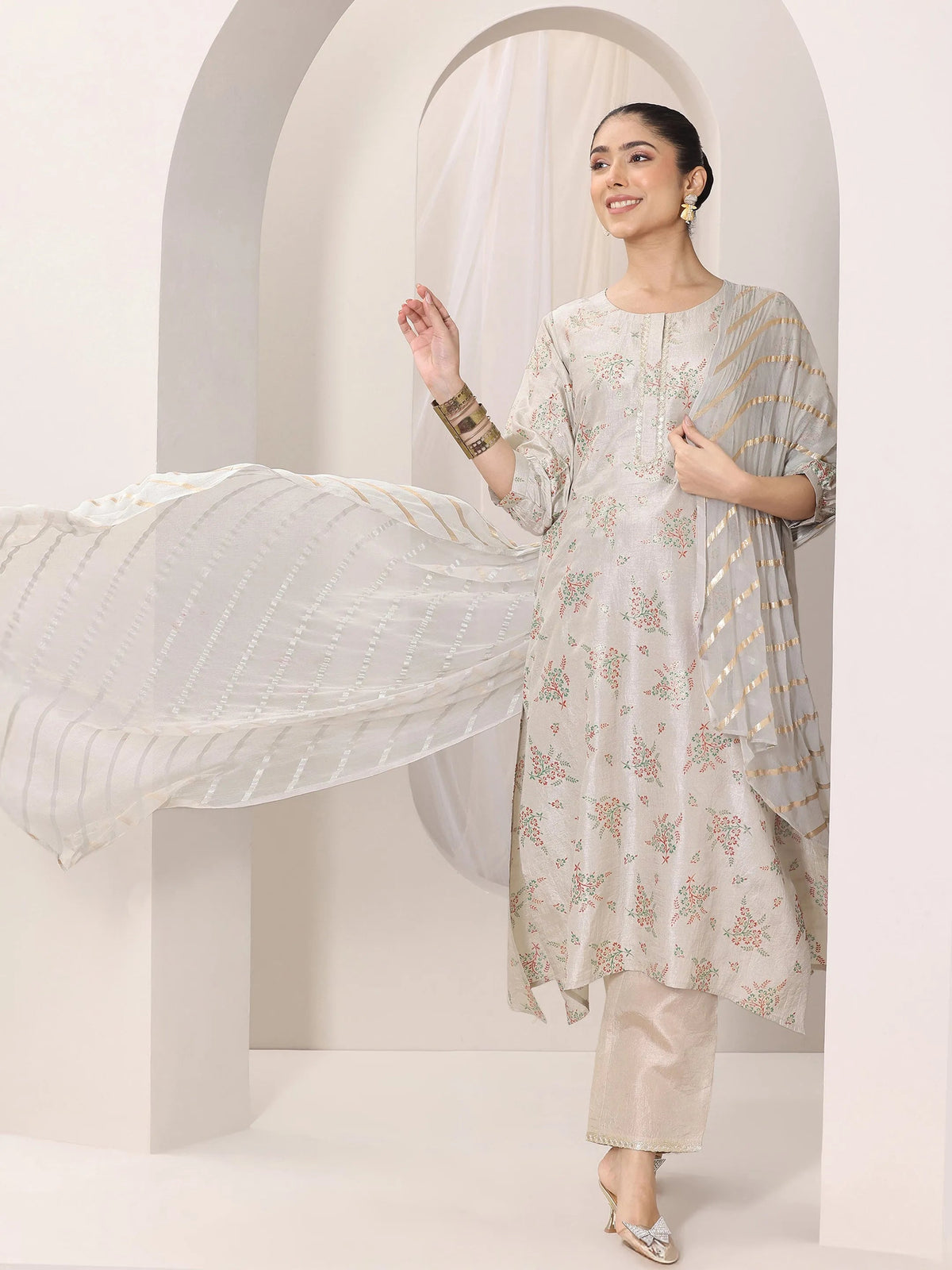 Libas Grey Woven Design Silk Blend Straight Suit Set With Dupatta