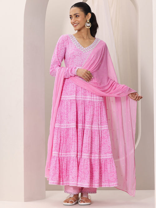 Libas Pink Bandhani Cotton  Anarkali Suit Set With Dupatta