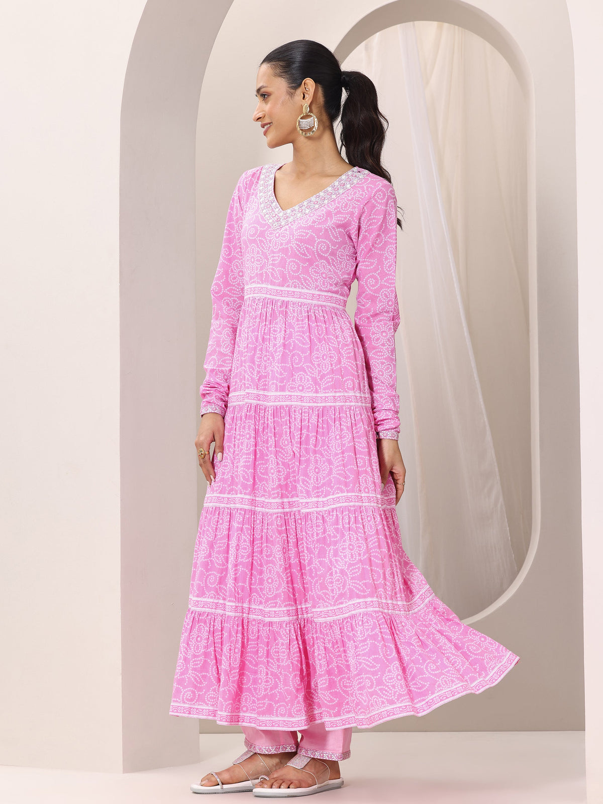 Libas Pink Bandhani Cotton  Anarkali Suit Set With Dupatta