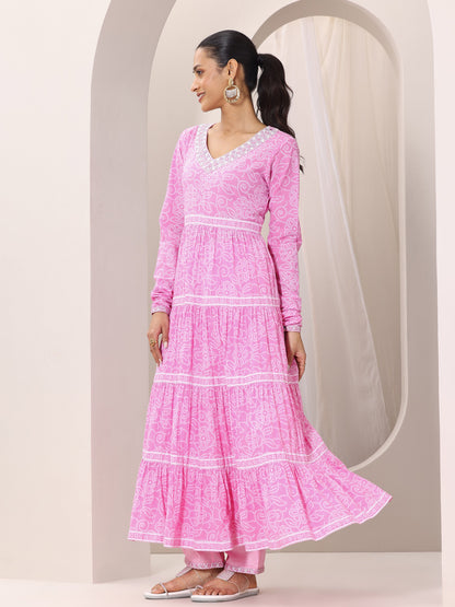 Libas Pink Bandhani Cotton  Anarkali Suit Set With Dupatta