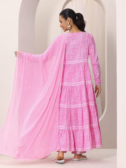 Libas Pink Bandhani Cotton  Anarkali Suit Set With Dupatta