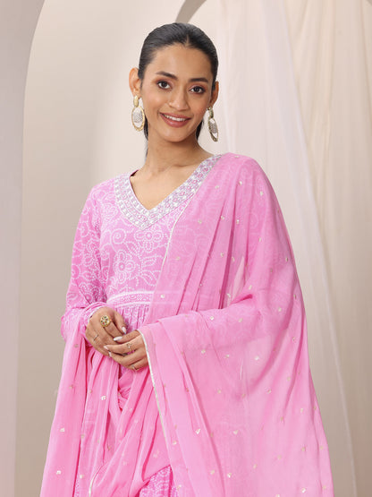 Libas Pink Bandhani Cotton  Anarkali Suit Set With Dupatta