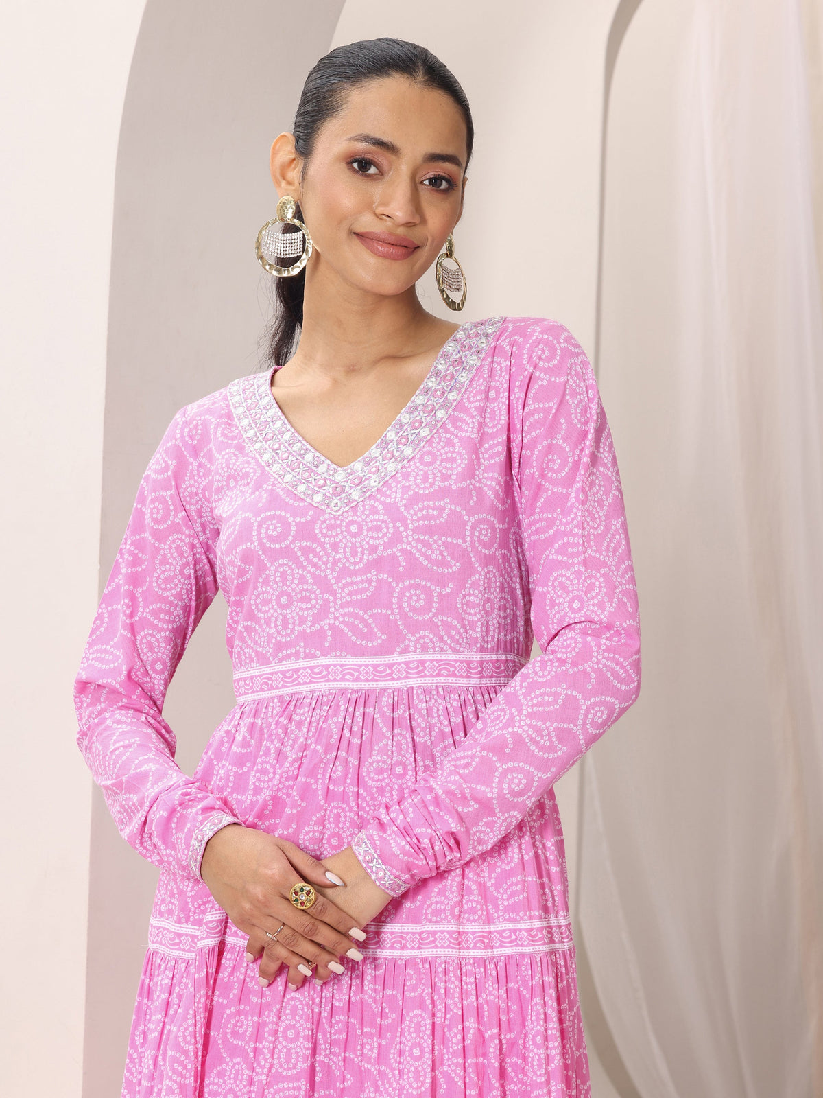 Libas Pink Bandhani Cotton  Anarkali Suit Set With Dupatta