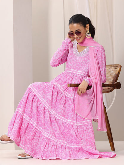Libas Pink Bandhani Cotton  Anarkali Suit Set With Dupatta