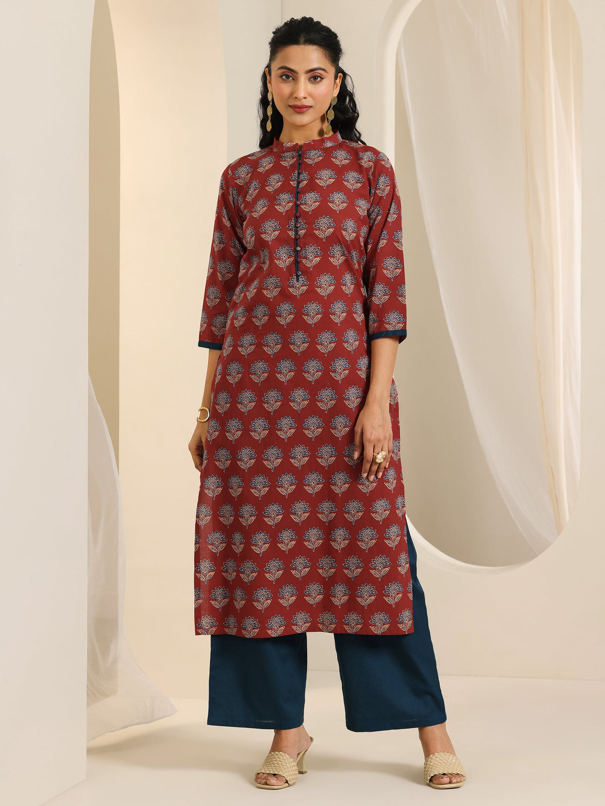 Libas Maroon Printed Cotton Straight Kurta Set