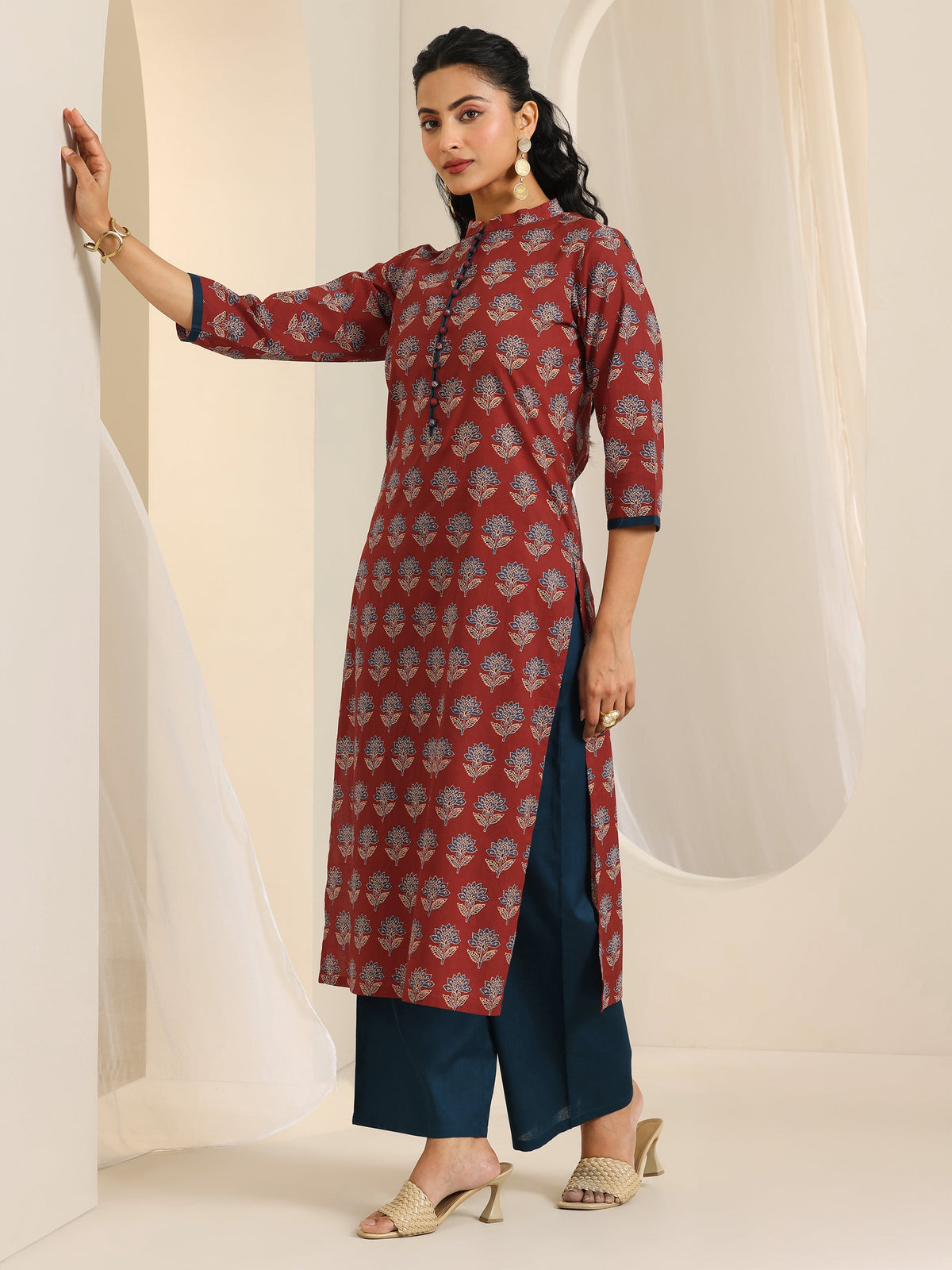 Libas Maroon Printed Cotton Straight Kurta Set