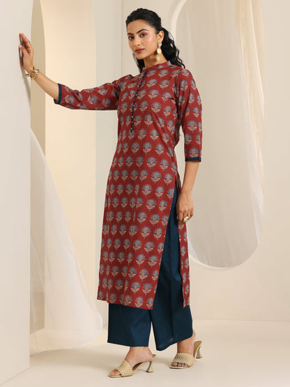 Libas Maroon Printed Cotton Straight Kurta Set