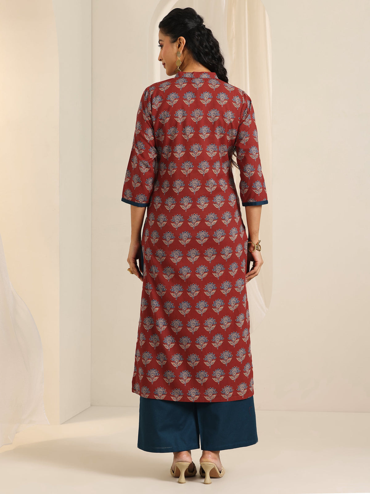 Libas Maroon Printed Cotton Straight Kurta Set