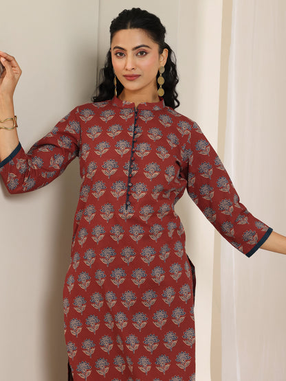 Libas Maroon Printed Cotton Straight Kurta Set
