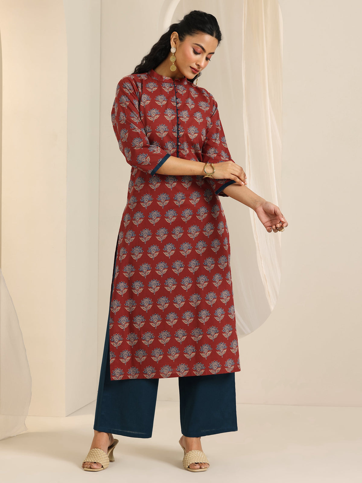 Libas Maroon Printed Cotton Straight Kurta Set
