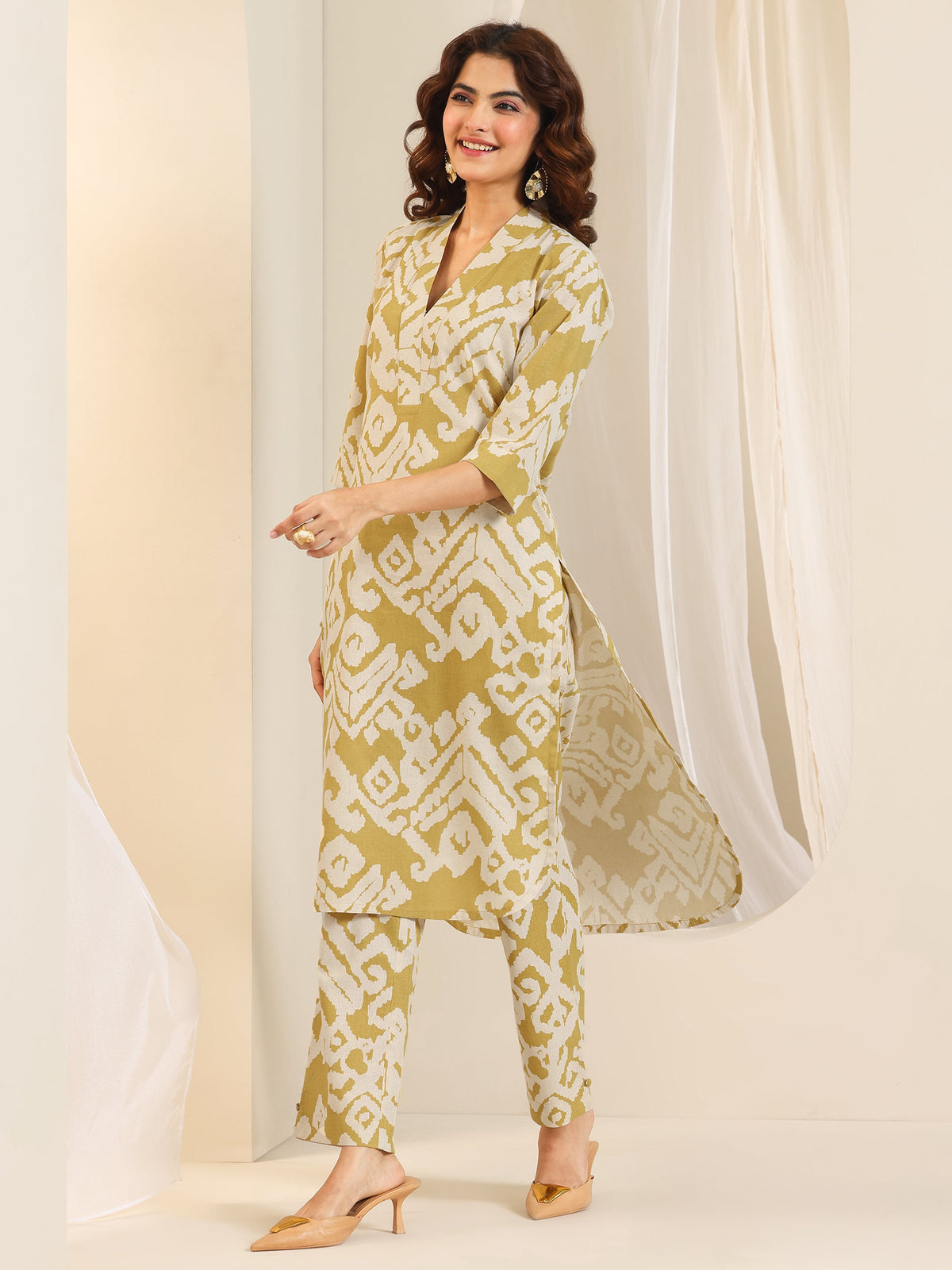 Libas Mustard Printed Cotton Blend Straight Kurta Set