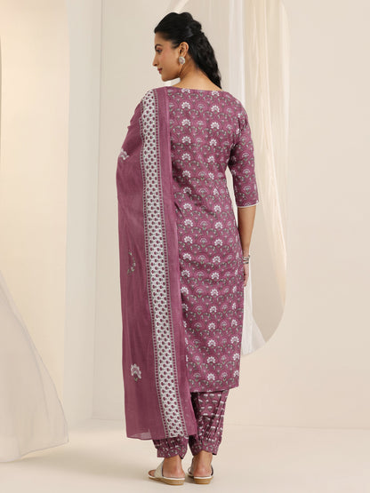 Libas Mauve Printed Cotton Straight Suit Set With Dupatta