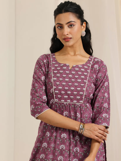 Libas Mauve Printed Cotton Straight Suit Set With Dupatta